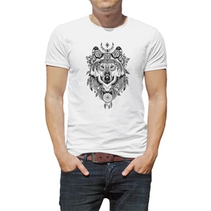 Siyah Kurt Illüstrasyon Gri Kurt Tişört Baskılı Beyaz Erkek Örme Tshirt