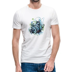 Fotoğraf Makinesi Objek Lens Camera Kamera Baskılı Beyaz Erkek Örme Tshirt