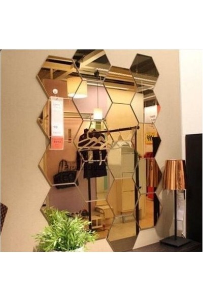 New Jargon Bal Peteği Gold Antre Duvar Pleksi Yapışkan Bantlı Dekoratif Altıgen 12X Süs Akrilik Ayna 11 x 12,5 cm