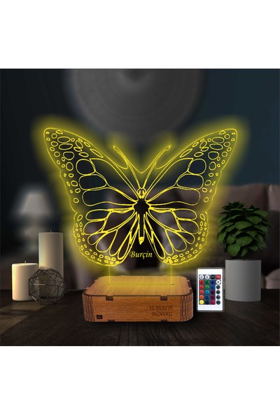 3D Hediye Dünyası Kelebek Resimli Özel Isimli 16 Renkli Kumandalı