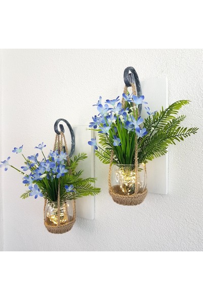 ST Dekor Mavi Gelincik Çiçekli, LED Işıklı, Beyaz Aplik, 2 Li Set