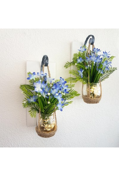 ST Dekor Mavi Gelincik Çiçekli, LED Işıklı, Beyaz Aplik, 2 Li Set