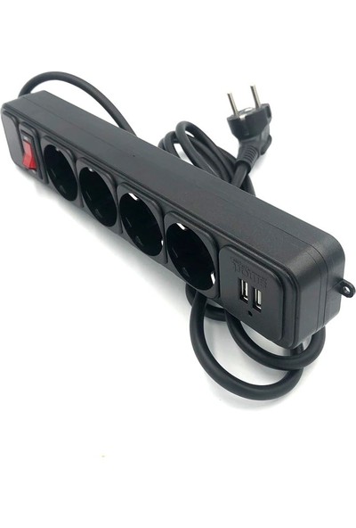 My Black 2500W 10A 4'lü Priz 2 Muzatma Kablo 2 x USB Girişli Anahtarlı Grup Priz