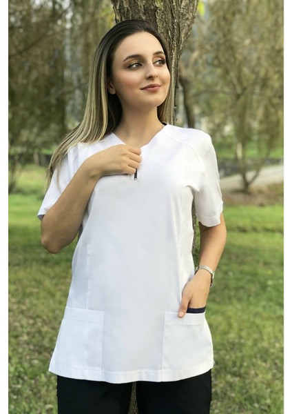 Beyaz Grey Red Cep Garnili Cerrahi Tek Üst Forma