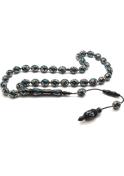 Kumpas Işçilikli Gümüş-Firuze Işlemeli Arpa Kesim Erzurum Oltu Taşı Tesbih (M-2)