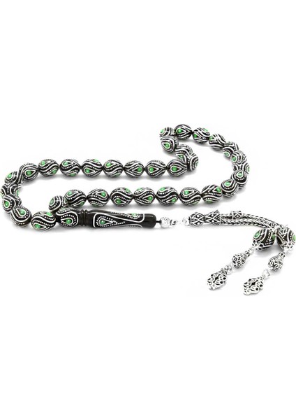 925 Ayar Gümüş Püsküllü Gümüş-Mine Işlemeli Arpa Kesim Erzurum Oltu Taşı Tesbih