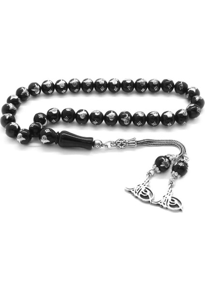 925 Ayar Gümüş Tuğra Püsküllü Gümüş Tuğra Işlemeli Küre Kesim Rus Oltu Tesbih