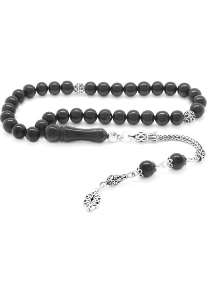 925 Ayar Gümüş Püsküllü Küre Kesim Sade Erzurum Oltu Taşı Tesbih