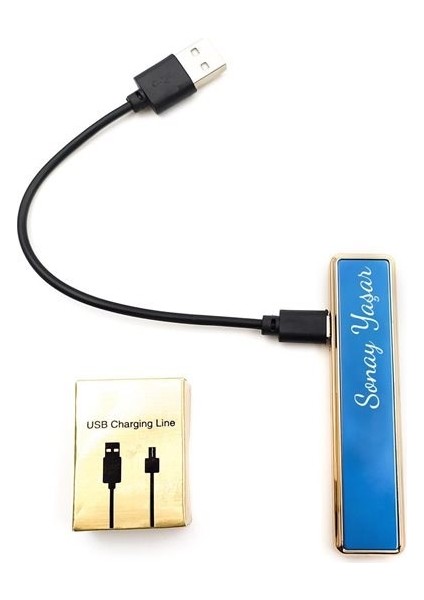 Kişiye Isme Özel USB Şarjlı Mavi Sürgülü Çakmak M01