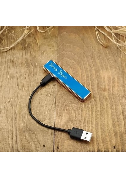 Kişiye Isme Özel USB Şarjlı Mavi Sürgülü Çakmak M01