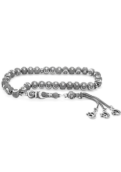 Her Tanesi Ayyıldız Işlemeli Bilek Boy Küre Kesim 925 Ayar Gümüş Tesbih