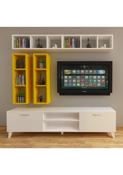 Dekormer Design Tv Ünitesi Dolaplı Sarı Beyaz 180 cm ve Kitaplıklı