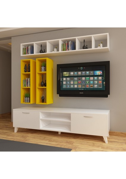 Dekormer Design Tv Ünitesi Dolaplı Sarı Beyaz 180 cm ve Kitaplıklı