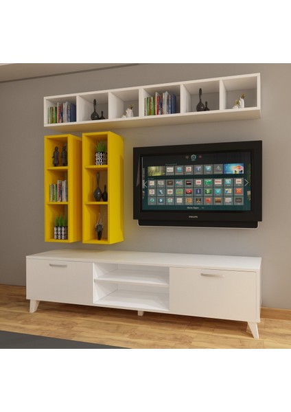 Dekormer Design Tv Ünitesi Dolaplı Sarı Beyaz 180 cm ve Kitaplıklı