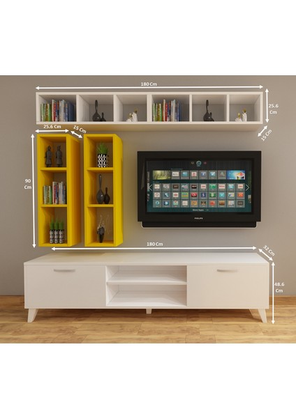 Dekormer Design Tv Ünitesi Dolaplı Sarı Beyaz 180 cm ve Kitaplıklı