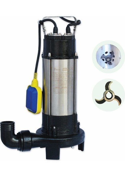 Water Sound V1300DF Bıçaklı Tip Kirli Su Aktarma, Vortex Fanlı Drenaj Dalgıç Pompa 11 Mt. Yükseklik 18 M³/h