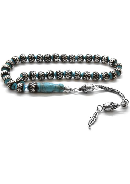 925 Ayar Gümüş Püsküllü Küre Kesim Gümüş-Oltu Sarmal Firuze Doğaltaş Tesbih