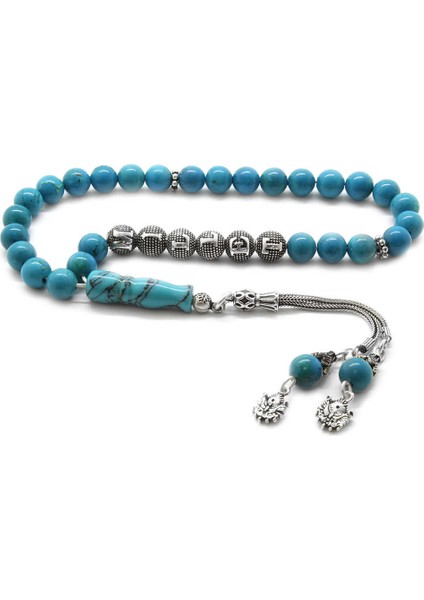 925 Ayar Gümüş Arma Püsküllü Küre Kesim Isim Yazılı Turkuaz Doğaltaş Tesbih