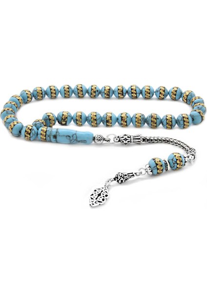 925 Ayar Gümüş Püsküllü Sarmal Oltu-Pirinç Işlemeli Firuze Doğaltaş Tesbih