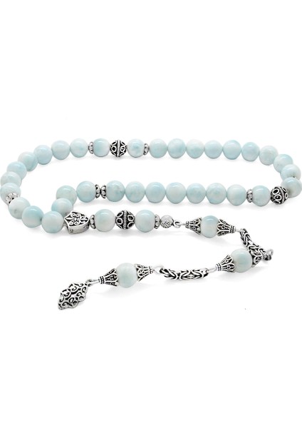 Kolleksiyonluk 925 Ayar Gümüş Püsküllü Larimar Doğaltaş Tesbih