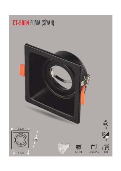 CT-5004 Puma Kare Siyah Spot Kasa(Metal-Ampulsuz) Cata fiyatları