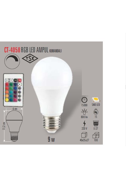 CT-4058 9W Rgb Ampul (Kumandalı) Cata