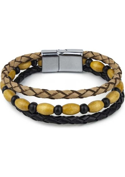 Tahta Bocuklu El Örgüsü Deri Bileklik Siyah & Naturel & Sarı S Bileklik