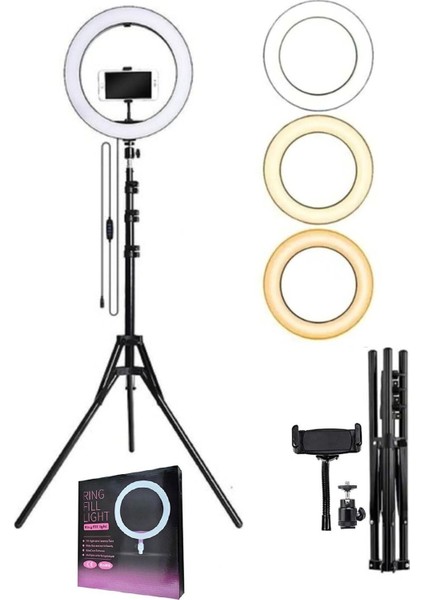 Popüler Cep LED Tripod Işıklı Adaptörlü Telefon Tutucu Makyaj Selfie Işığı Ring Light & Kuaför Çekim Işığı 2.1metre