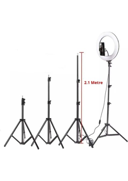 Popüler Cep LED Tripod Işıklı Adaptörlü Telefon Tutucu Makyaj Selfie Işığı Ring Light & Kuaför Çekim Işığı 2.1metre