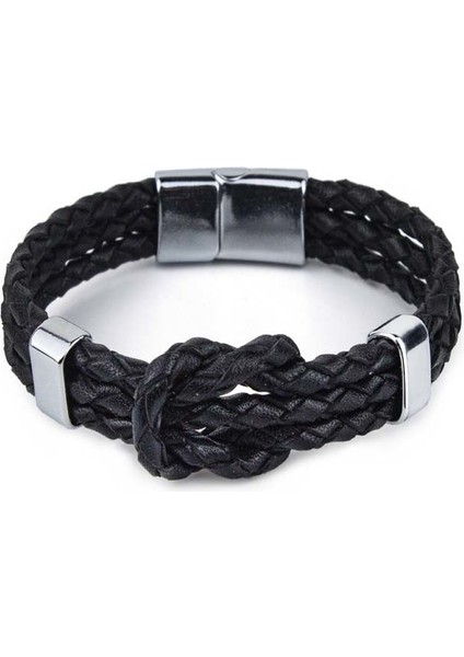 Tamamı El Örgüsü Camadan Bağlı Deri Bileklik Mıknatıslı Siyah S Bileklik