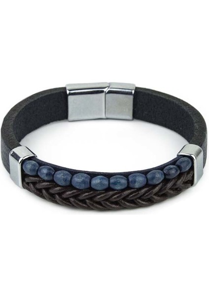 Tahta Boncuklu Sırım Saç El Örgüsü Deri Bileklik Kahve & Mavi S Bileklik