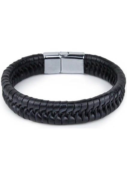 Klasik Sarmal El Örgüsü Deri Bileklik Mıknatıs Kilitli Siyah S Bileklik