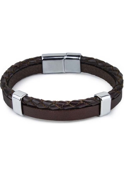 Yan El Örgüsü Düz Deri Bileklik Mıknatıs Kilitli Kahverengi S Bileklik