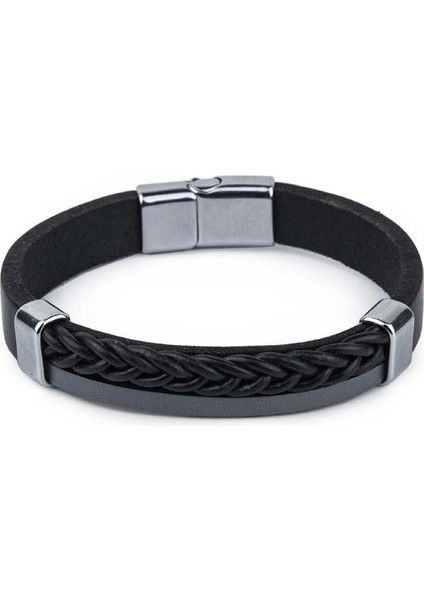 Sırım Saç El Örgüsü Düz Deri Bileklik Siyah & Gri M Bileklik