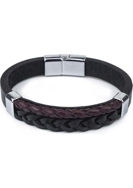 Yuvarlak ve Saç El Örgüsü Düz Deri Bileklik Siyah & Bordo S Bileklik