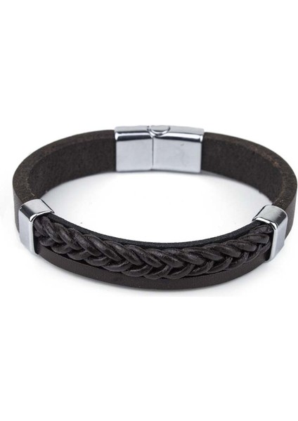 Sırım Saç El Örgüsü Düz Deri Bileklik Mıknatıslı Kahverengi Xl Bileklik