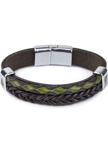 Yuvarlak Sırım Saç El Örgüsü Düz Deri Bileklik Kahve & Yeşil M Bileklik