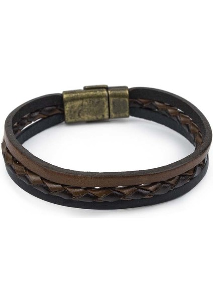 Düz El Örgüsü Deri Bileklik Antik Kilitli Siyah & Kahve L Bileklik