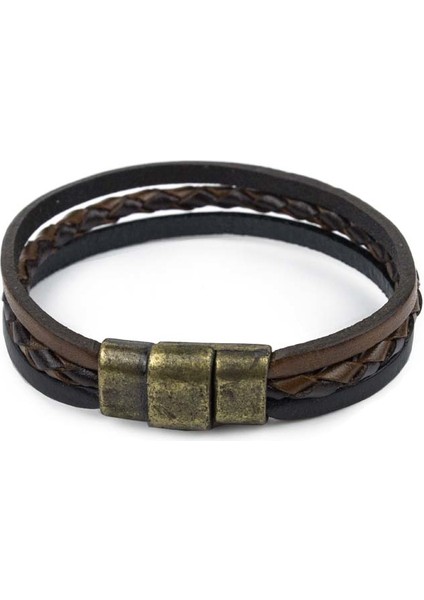 Düz El Örgüsü Deri Bileklik Antik Kilitli Siyah & Kahve L Bileklik fiyatları