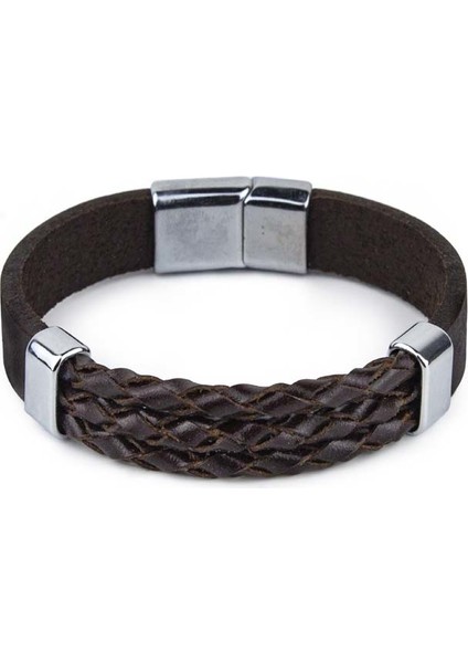 Üçlü Yuvarlak El Örgüsü Deri Bileklik Mıknatıslı Kahverengi L Bileklik