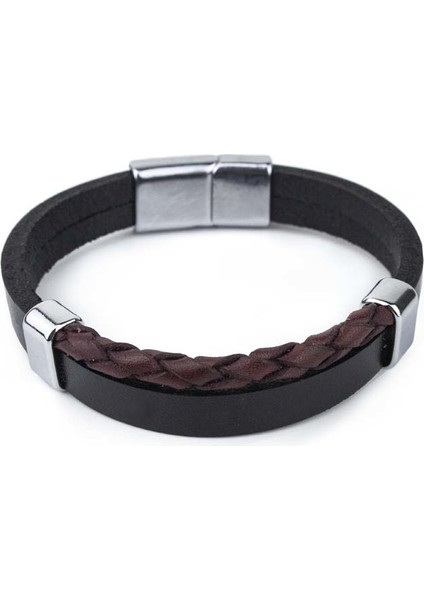 Yuvarlak El Örgüsü Düz Deri Bileklik Siyah & Bordo L Bileklik
