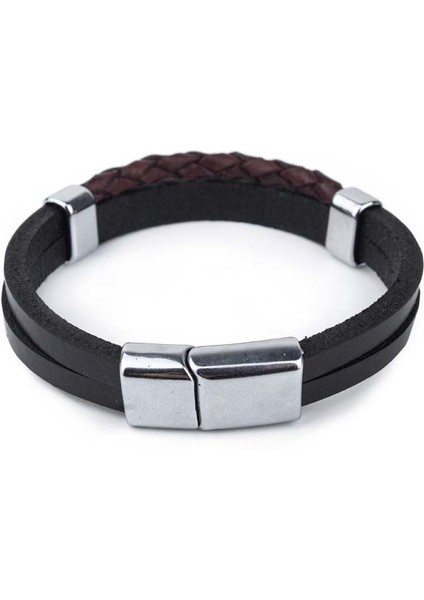Yuvarlak El Örgüsü Düz Deri Bileklik Siyah & Bordo L Bileklik fiyatları