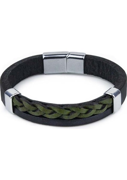 Saç El Örgüsü Düz Deri Bileklik Mıknatıslı Siyah & Yeşil M Bileklik