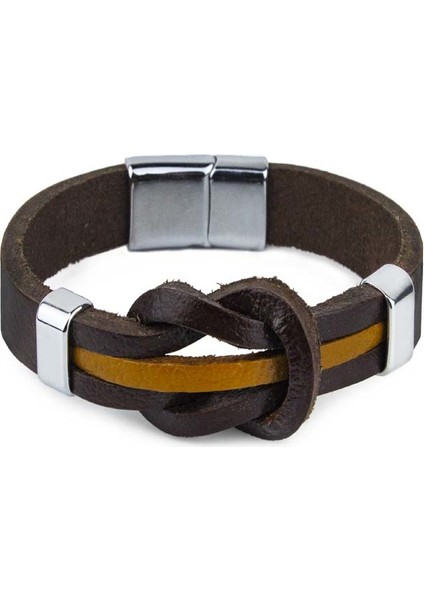 Camadan Bağlı Düz Deri Bileklik Mıknatıslı Kahverengi & Taba Xl Bileklik