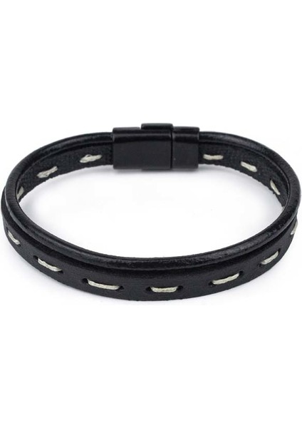 Düz Dikiş ve Sırımlı Deri Bileklik Siyah Kilitli Siyah & Beyaz S Bileklik