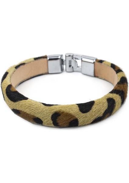 Özel Seri Leopar Deri Bileklik Krom Çapa Kilitli Kahve & Taba S Bileklik