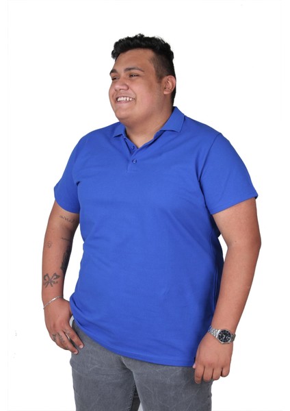 Büyük Beden Cepsiz Mavi Pamuklu Polo Yaka T-Shirt