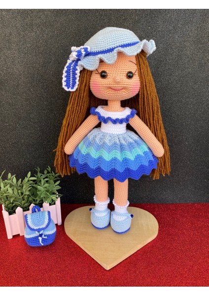 Simay Store Amigurumi Organik Örgü Oyuncak Mavi Şapkalı Karnaval Örgü Bebek 35 cm