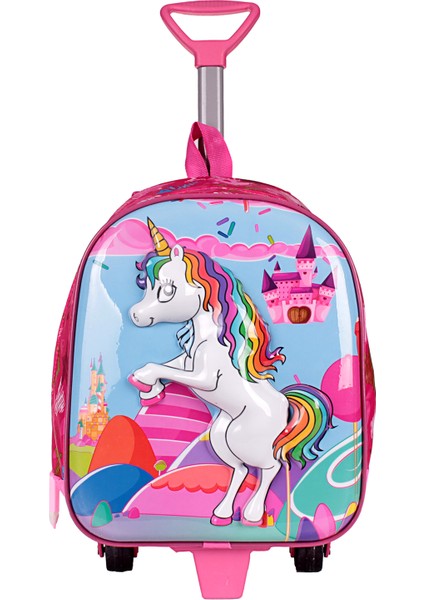00028 Unicorn Kız Çocuk Çekçekli Anaokulu Sırt Çantası Pembe