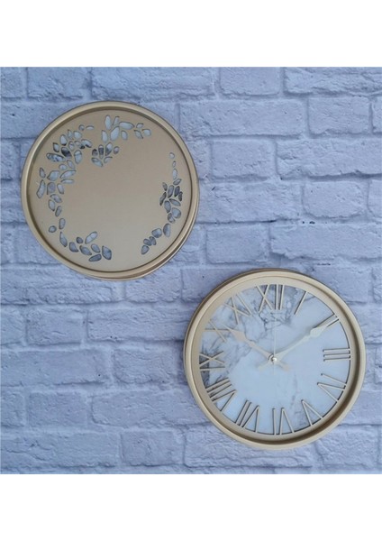 Altın(Gold) Renk Metal Kasalı Mermer Desenli Duvar Saati ve Tablo